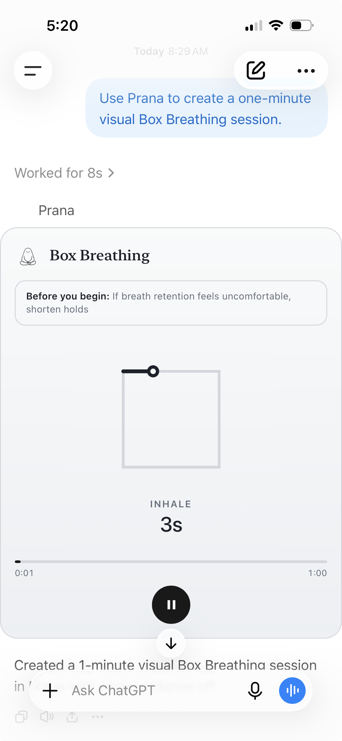 ChatGPT using Prana to run a one-minute box-breathing timer