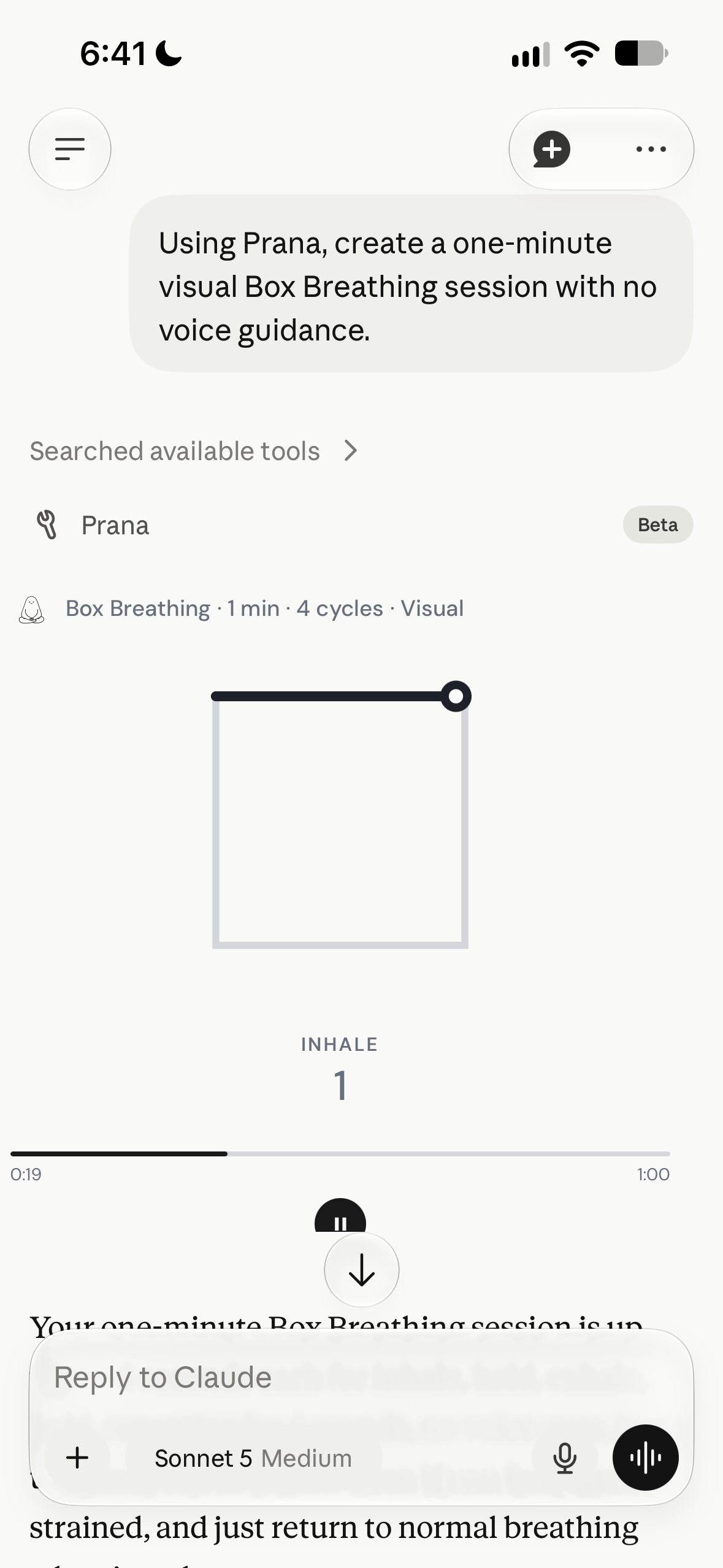 Claude using Prana beta to create a one-minute visual Box Breathing session.