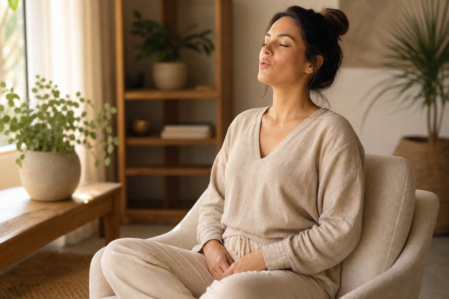 Person practicing exhale-focused breathing with a softened face and relaxed posture in a calm room
