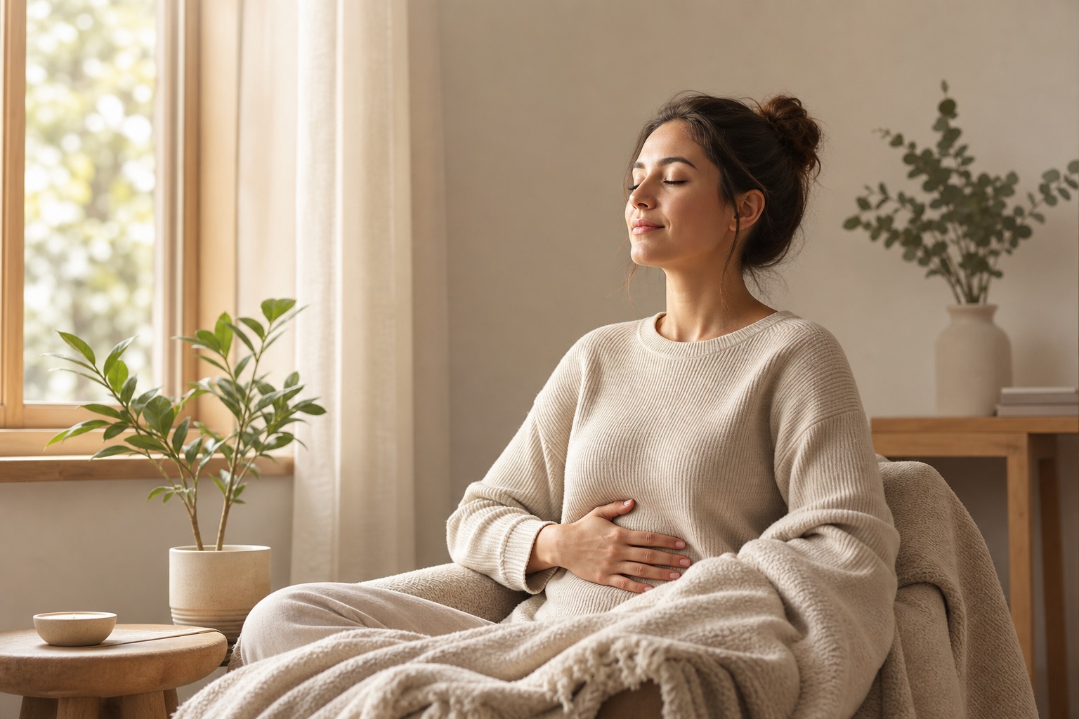 Person practicing gentle breathing for anxious moments while seated comfortably near a softly lit window