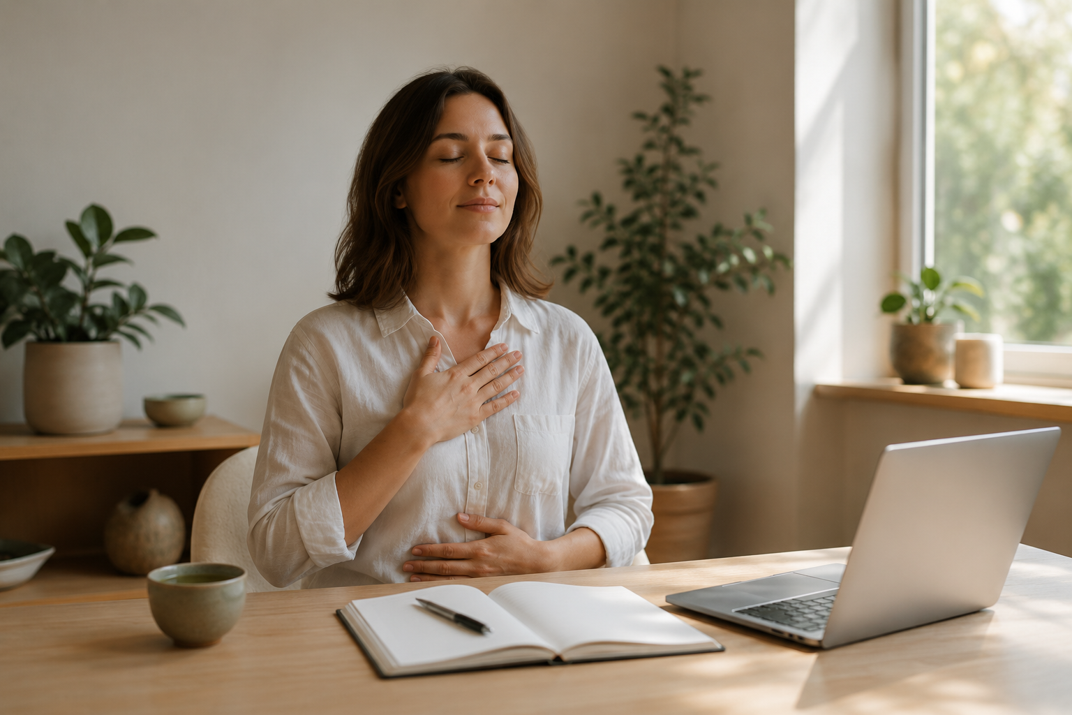 Breathwork for focus before starting work at a calm desk