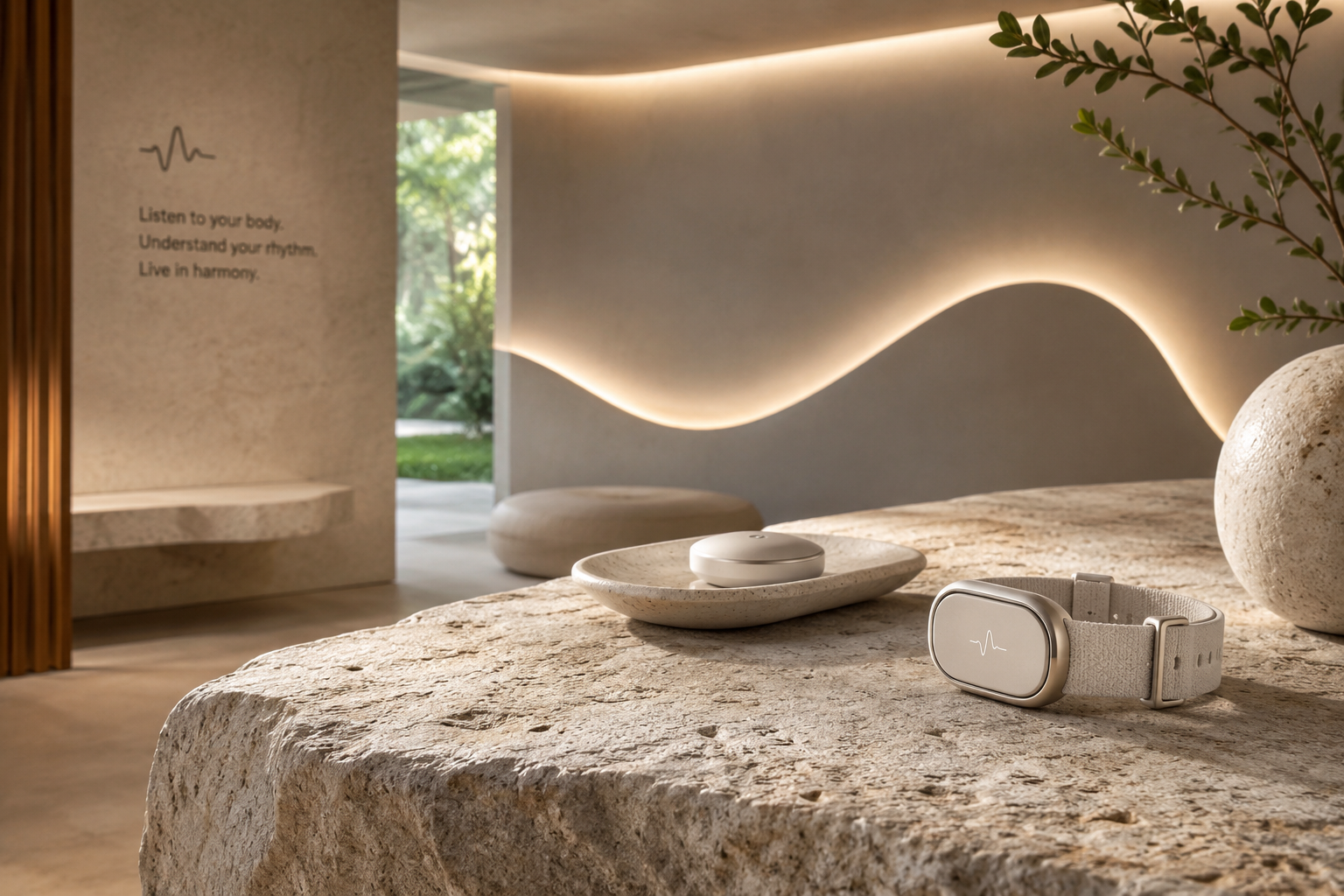 Wellness tech still life used for an Apple Watch breathwork app guide.