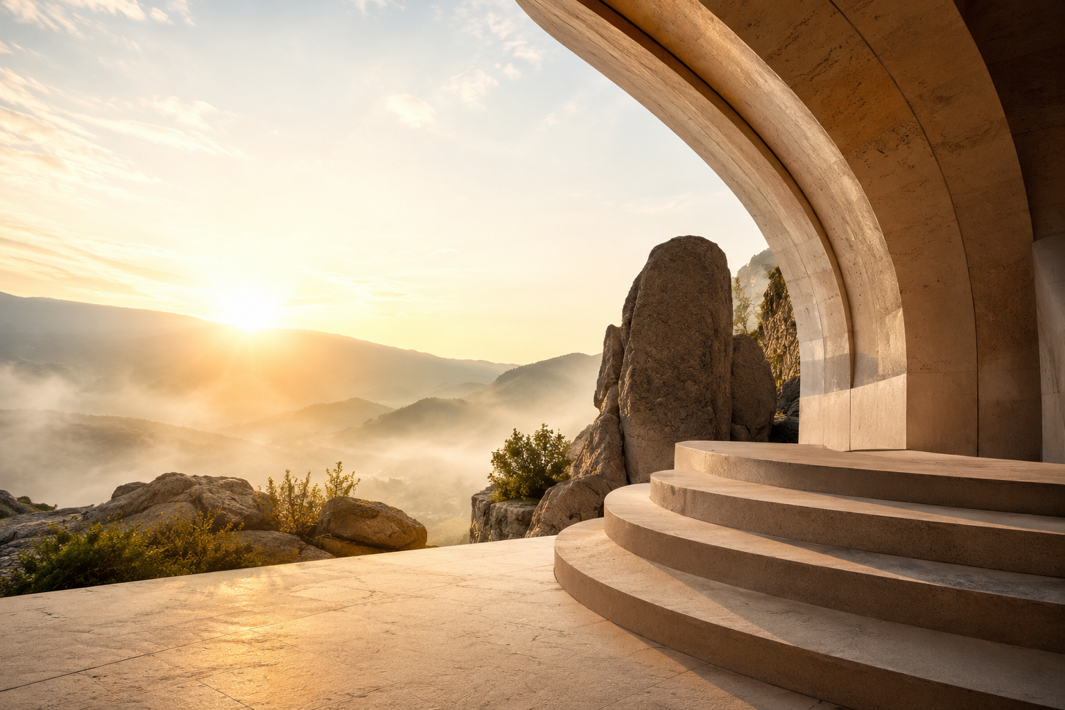 Sunrise terrace artwork used for a pranayama app guide.