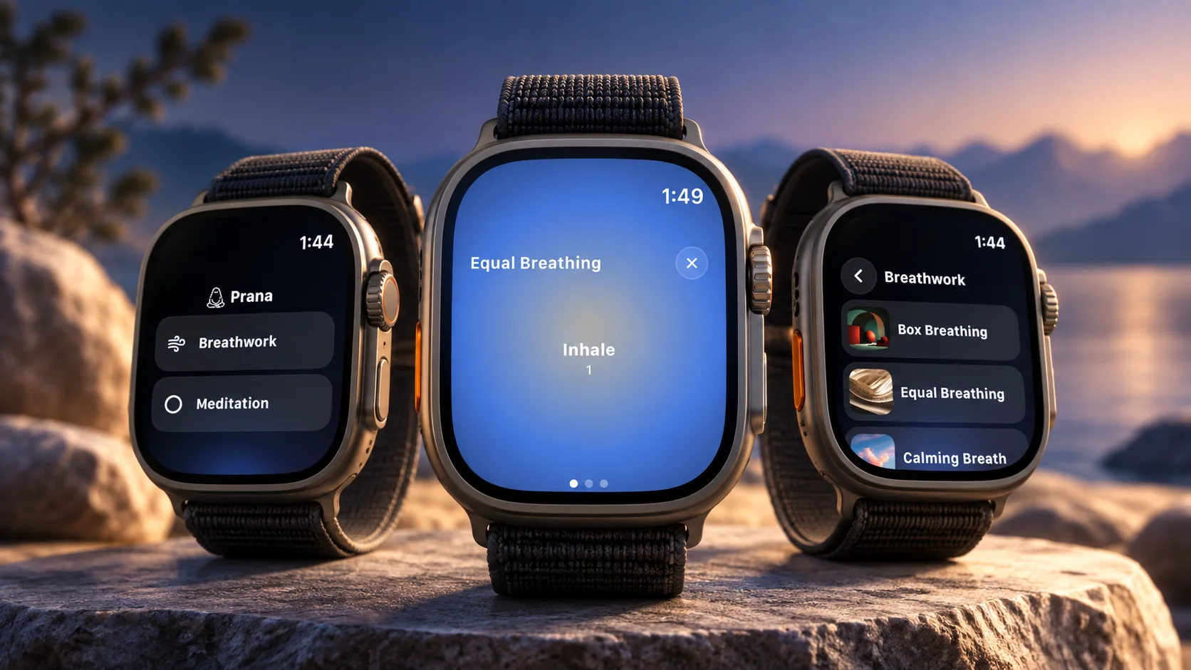 Three dark Apple Watch devices showing Prana's home, breathwork library, and active Equal Breathing guidance in a calm blue and warm dawn setting.