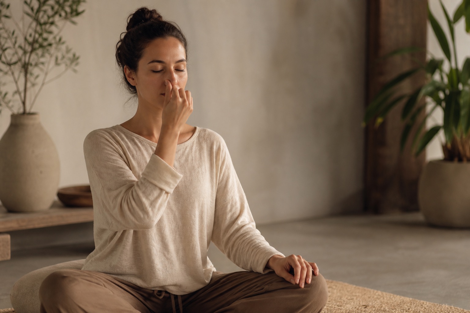 Beginner practicing alternate nostril breathing in a calm neutral room with a relaxed seated posture