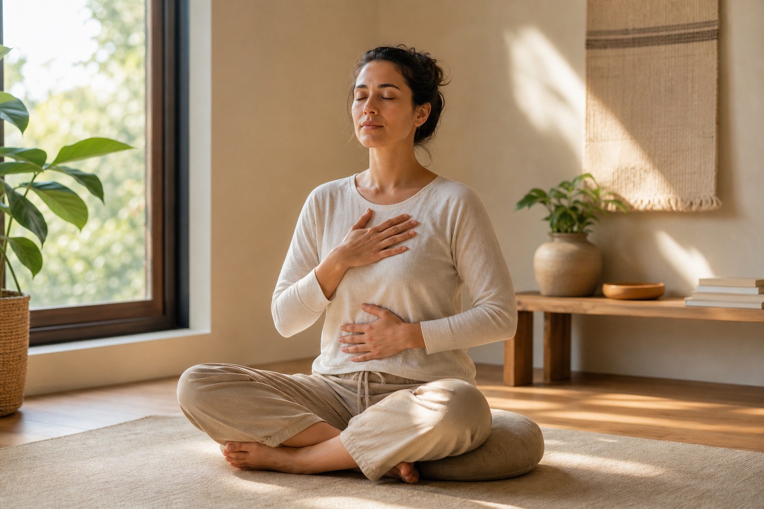 Beginner practicing diaphragmatic breathing with one hand on the chest and one on the abdomen in a calm sunlit room