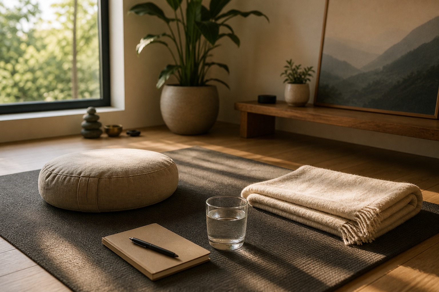 Simple beginner pranayama practice setup with a cushion, folded blanket, notebook, and glass of water in a quiet sunlit room