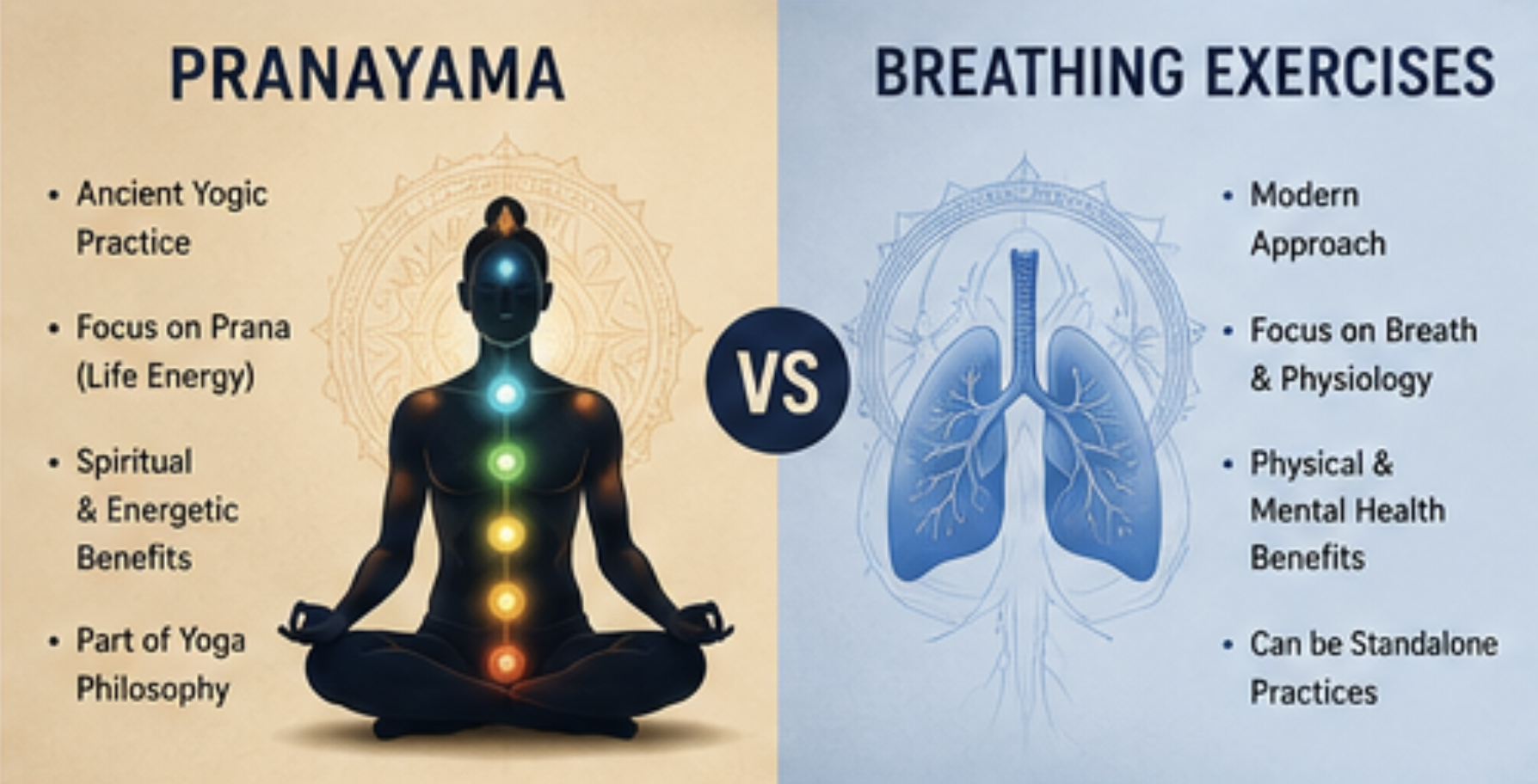 Infographic comparing pranayama and breathing exercises with a meditative figure