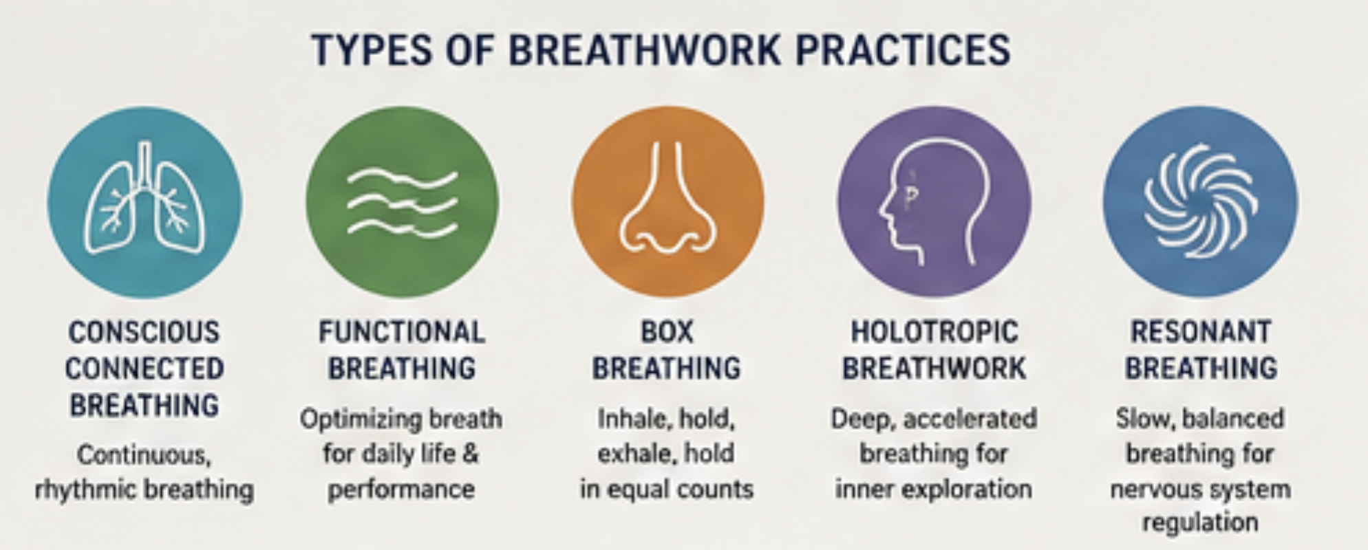 Infographic mapping out the types of breathwork including functional, performance, and therapeutic breathwork