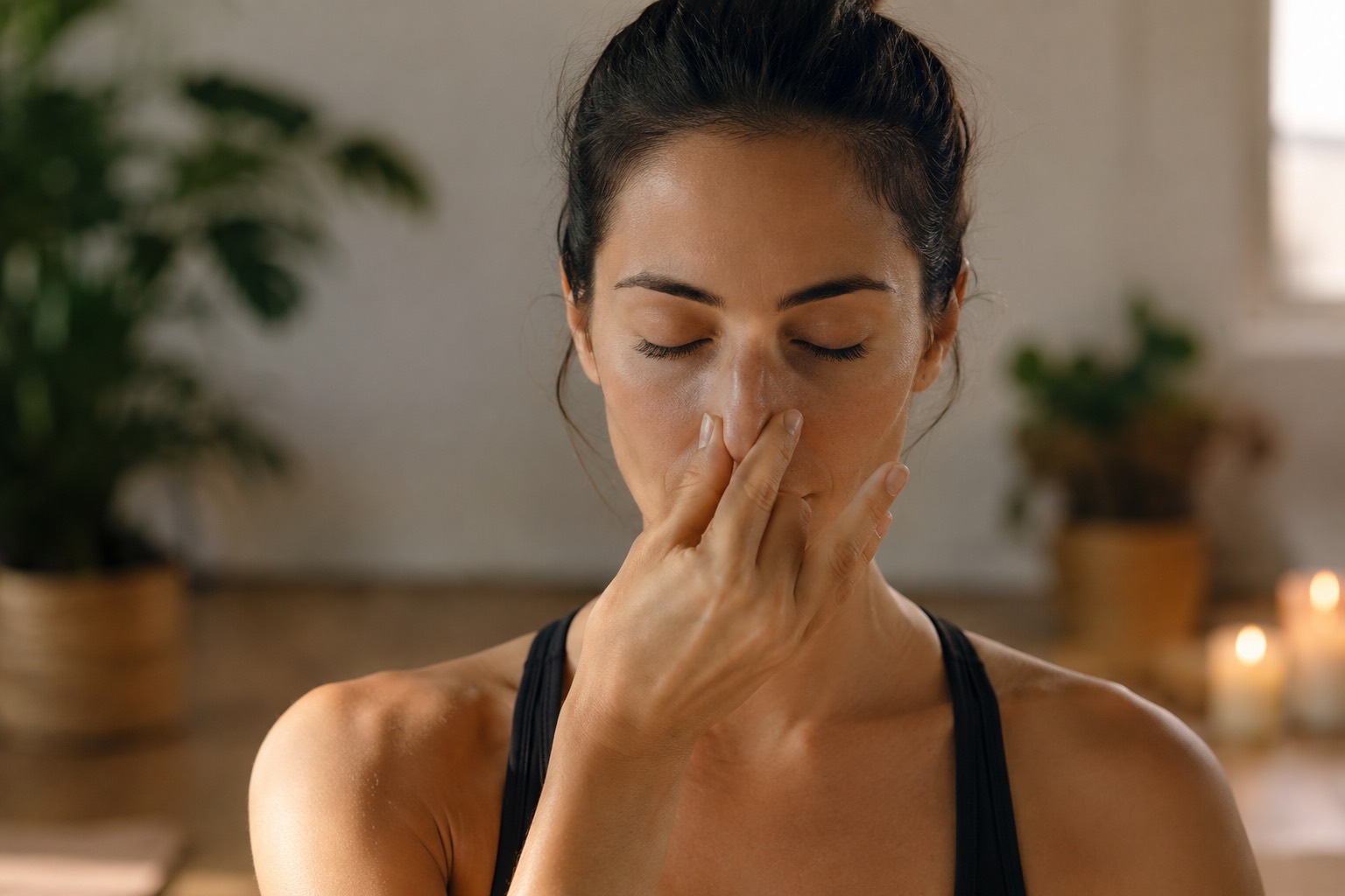A yoga practitioner seated in a bright studio practicing alternate nostril breathing.