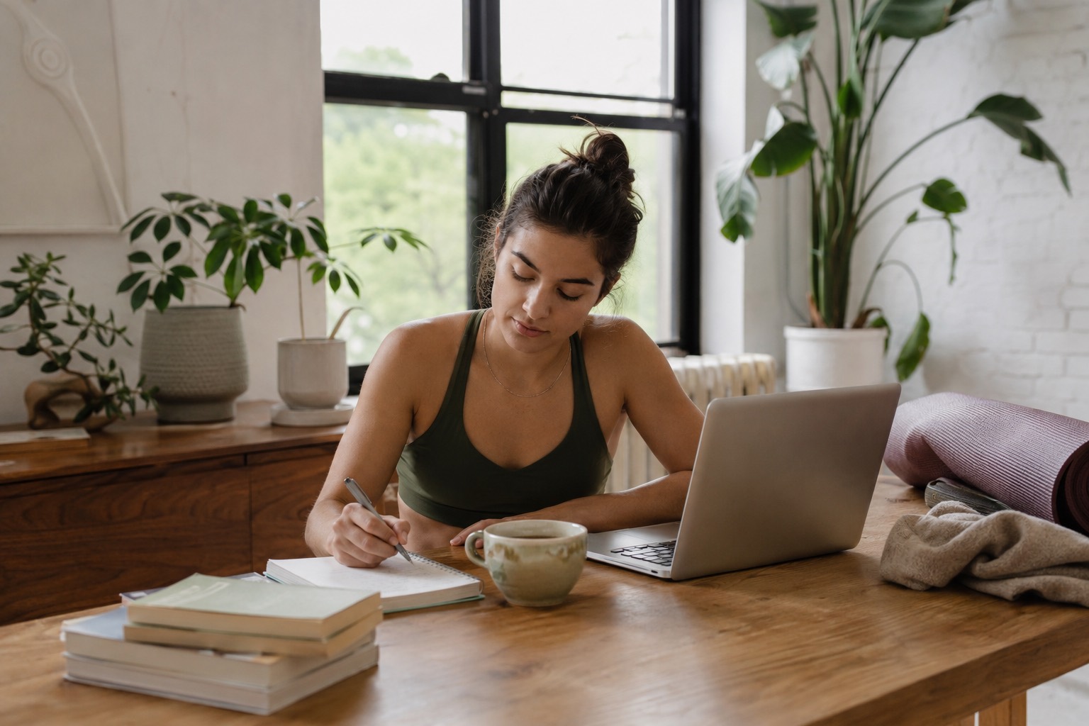 A prospective yoga teacher trainee reviewing notes, books, and a laptop while preparing an application.