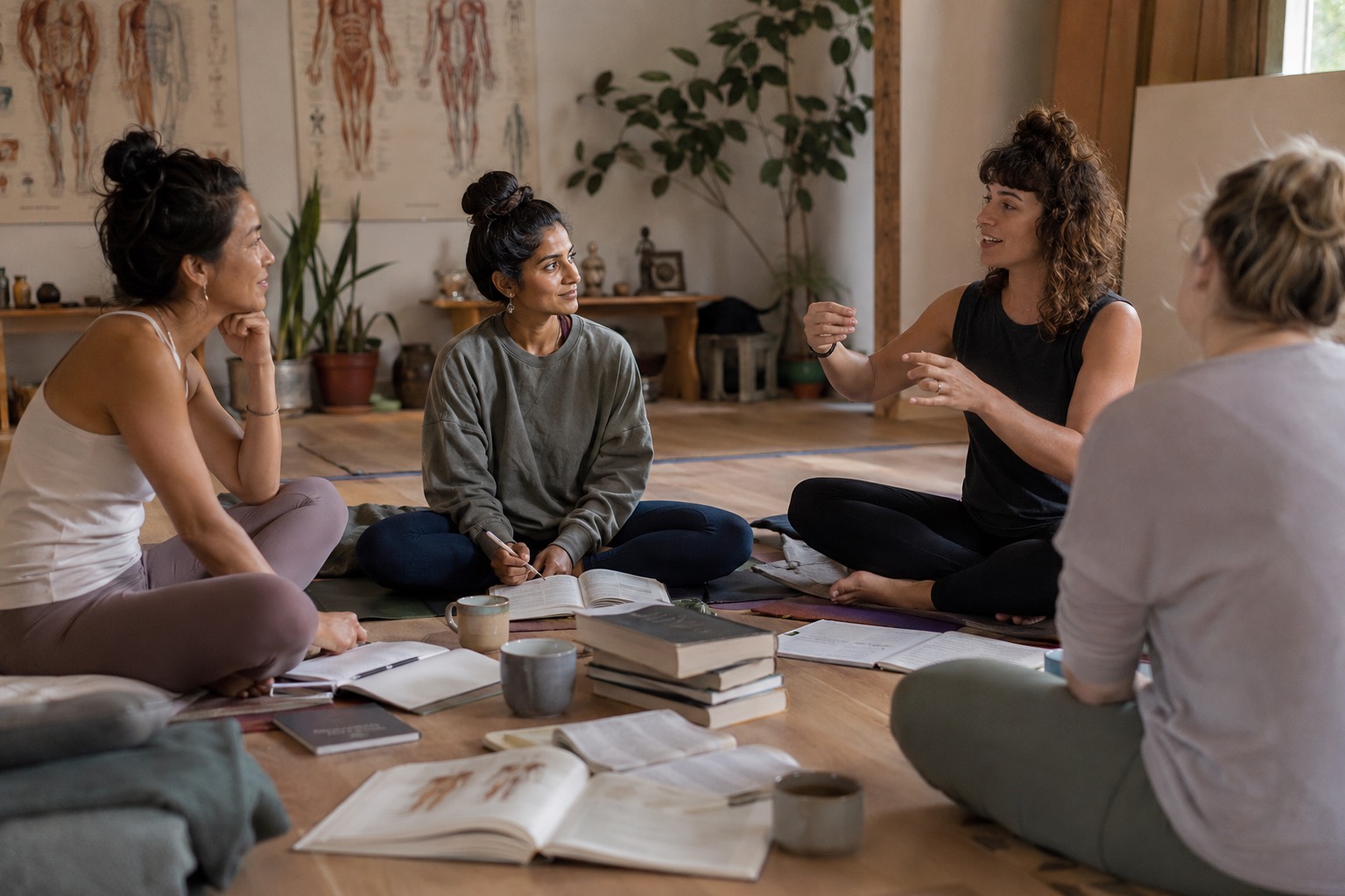 A small yoga teacher training discussion circle with students seated on bolsters and notebooks nearby.