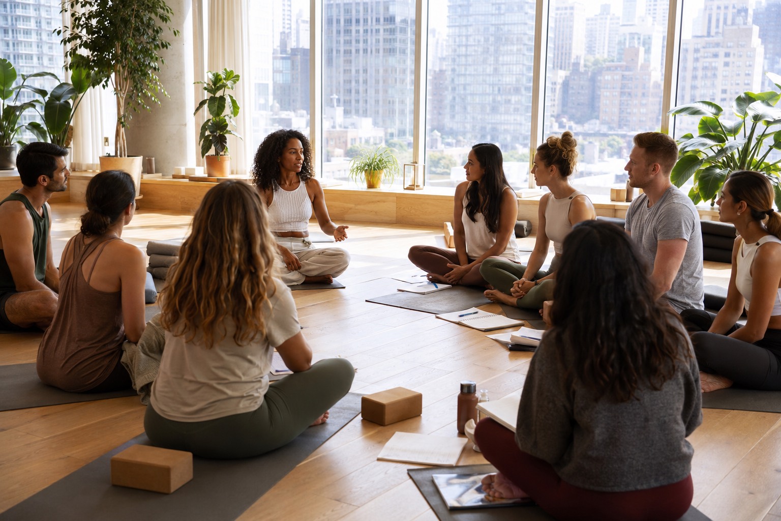 Yoga students sitting in a bright New York studio during teacher training, facing the Manhattan skyline.