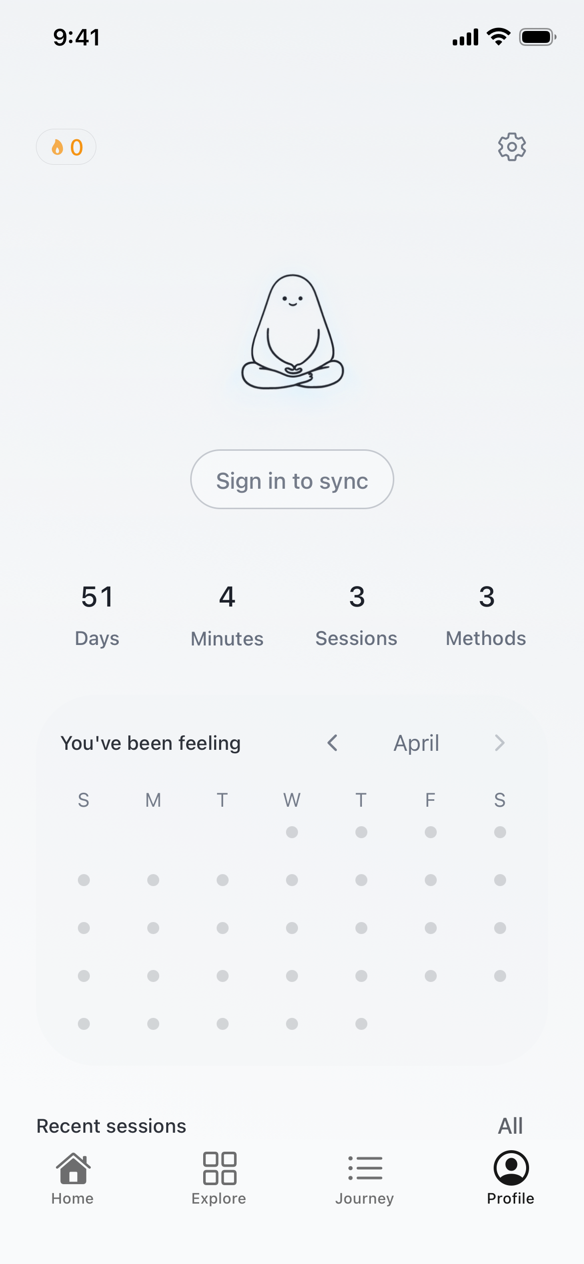 Prana profile screen with calendar and progress metrics