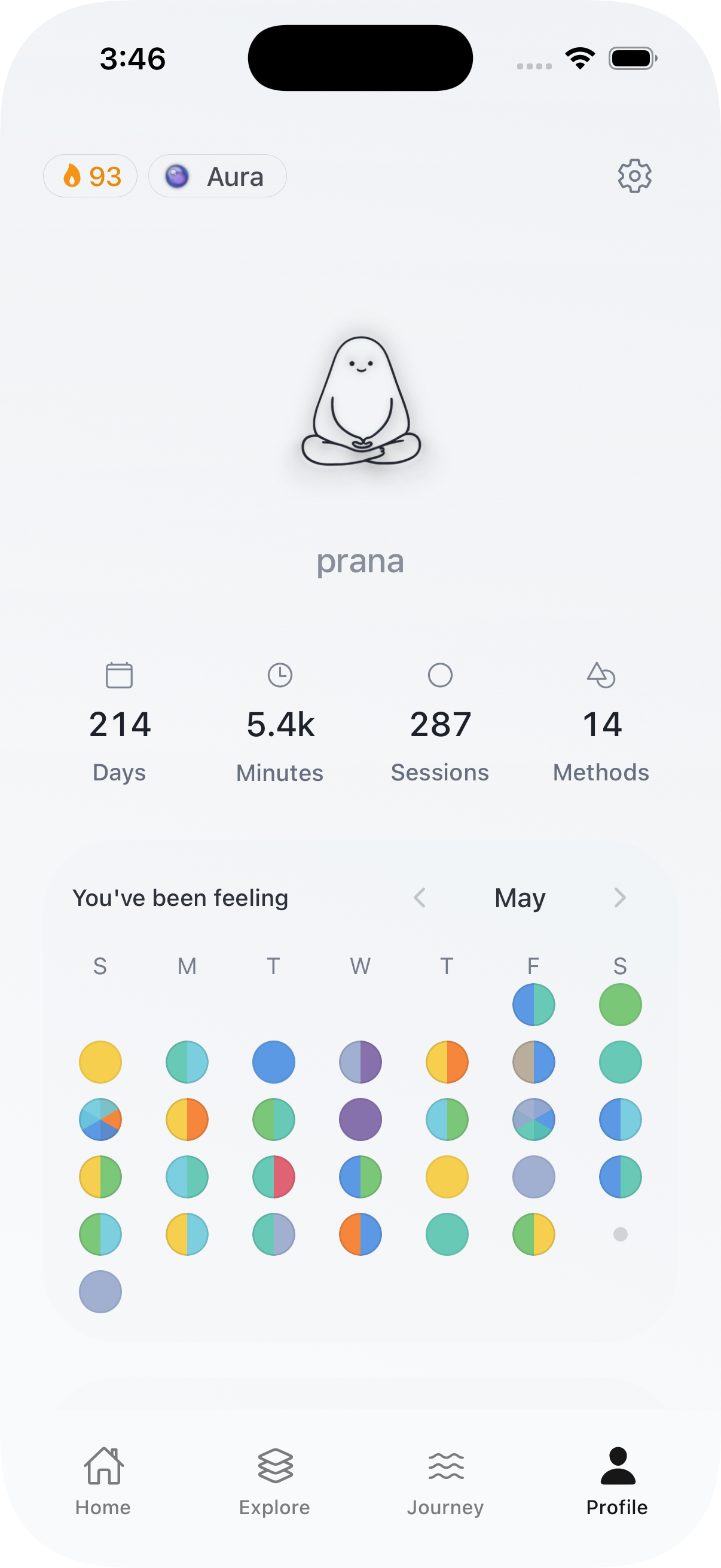 Prana iPhone profile screen with practice history and session calendar