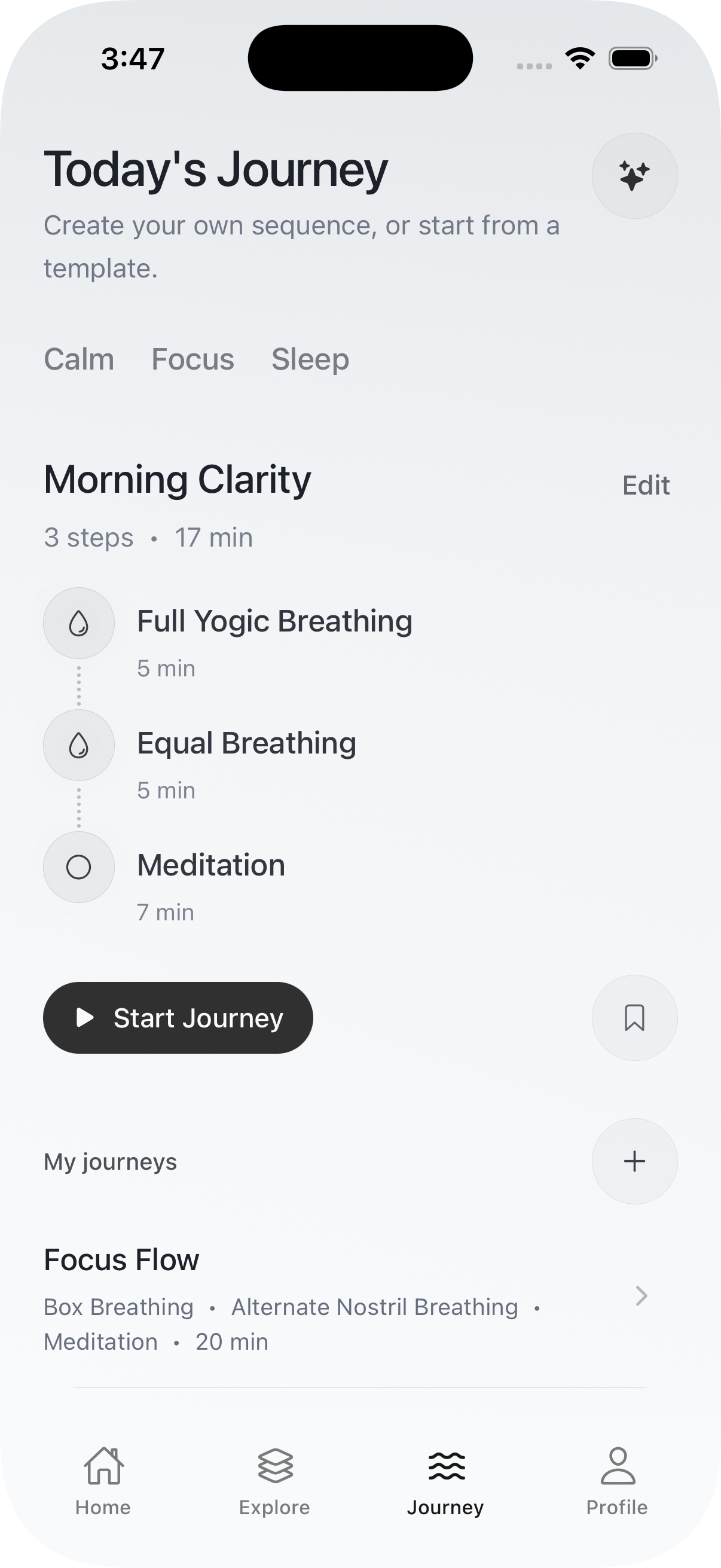 Prana iPhone journey builder with a Morning Clarity breathing sequence