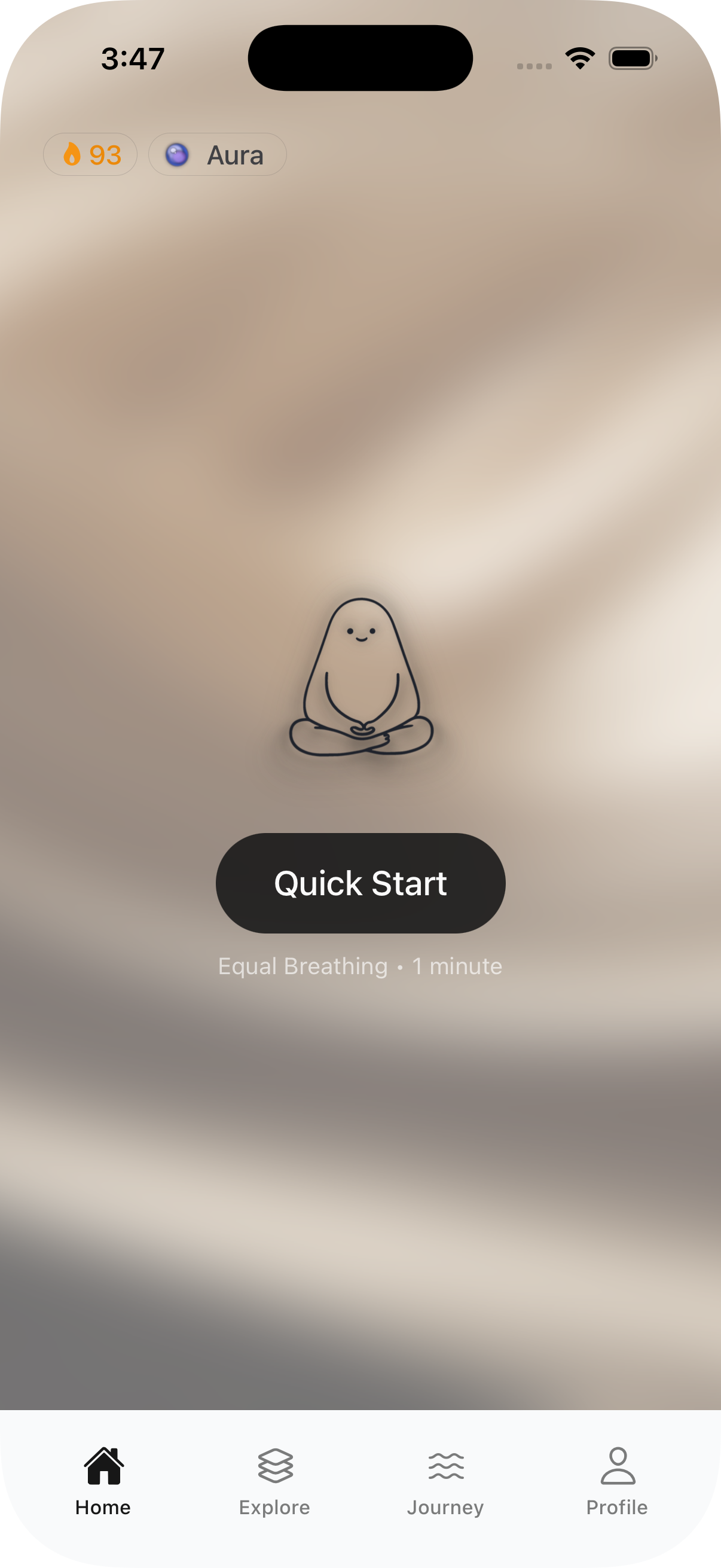 Prana iPhone home screen with a Quick Start equal-breathing session