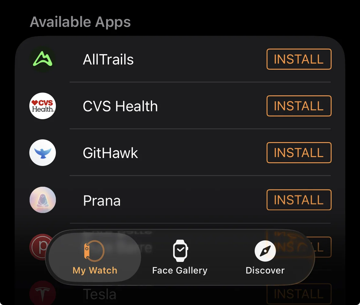 The iPhone Watch app showing Prana in the Available Apps list with an Install button.